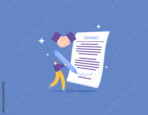 Businessmen sign a cooperation and business contract. An employee or worker signs an employment contract. agreements, accords, and approvals. illustration concept design. vector elements