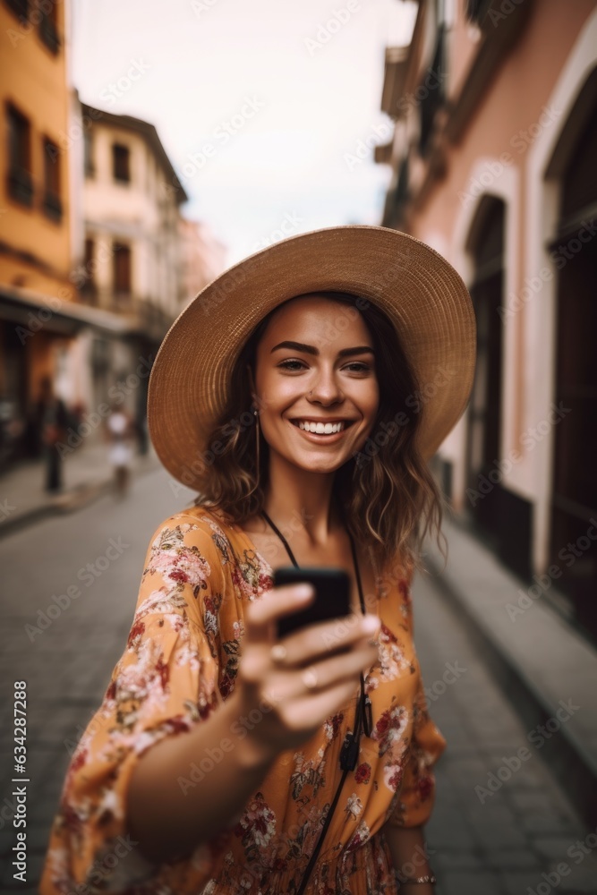 woman, travel and phone for social media, smile or networking in a city on vacation