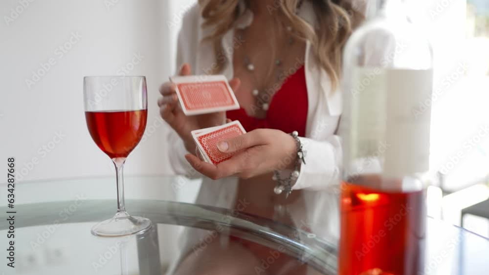 Woman playing in strip poker at home. Woman playing in strip poker at home.