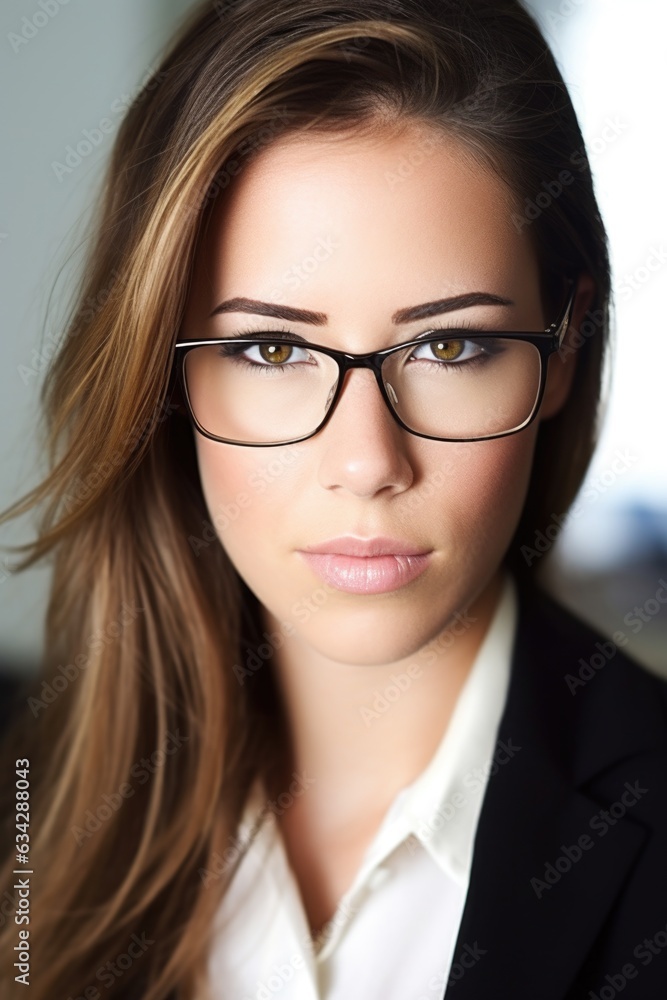 closeup of a young businesswoman wearing glasses while looking at you