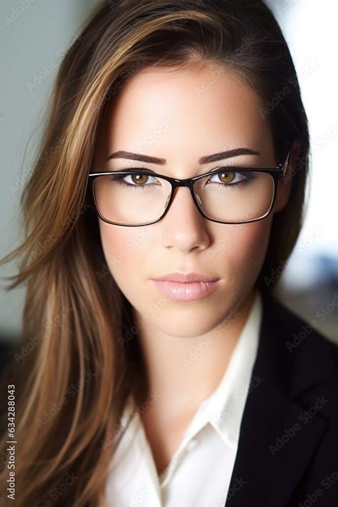 closeup of a young businesswoman wearing glasses while looking at you closeup of a young businesswoman wearing glasses while looking at you