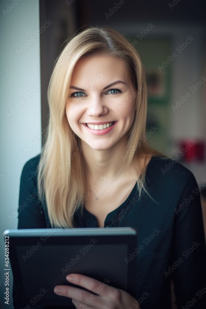 happy, smile portrait and woman with tablet for communication, profile picture or wifi at home happy, smile portrait and woman with tablet for communication, profile picture or wifi at home