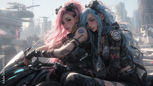 Two female friends with their high tech superbike outdoor in a big futuristic dystopian city - Generative AI photo