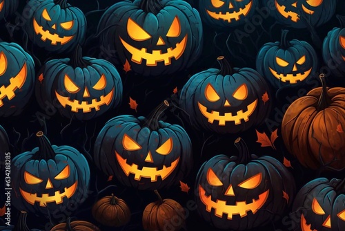 Halloween. Scary smiling pumpkins. Generative AI © adragan