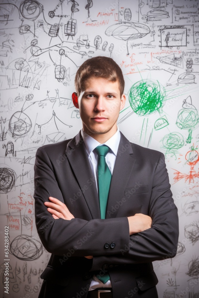 a handsome businessman standing in front of a whiteboard with various business ideas drawn on it a handsome businessman standing in front of a whiteboard with various business ideas drawn on it