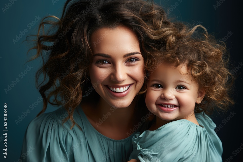 Beautiful portrait of a mother and her little child making faces, light blue background, studio photos. created by generative AI technology. Beautiful portrait of a mother and her little child making faces, light blue background, studio photos. created by generative AI technology.