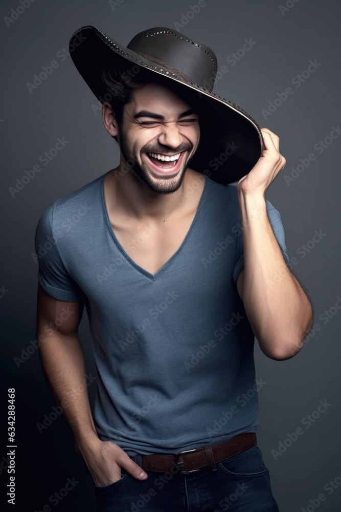 shot of a handsome young man standing alone and holding his hat while laughing shot of a handsome young man standing alone and holding his hat while laughing