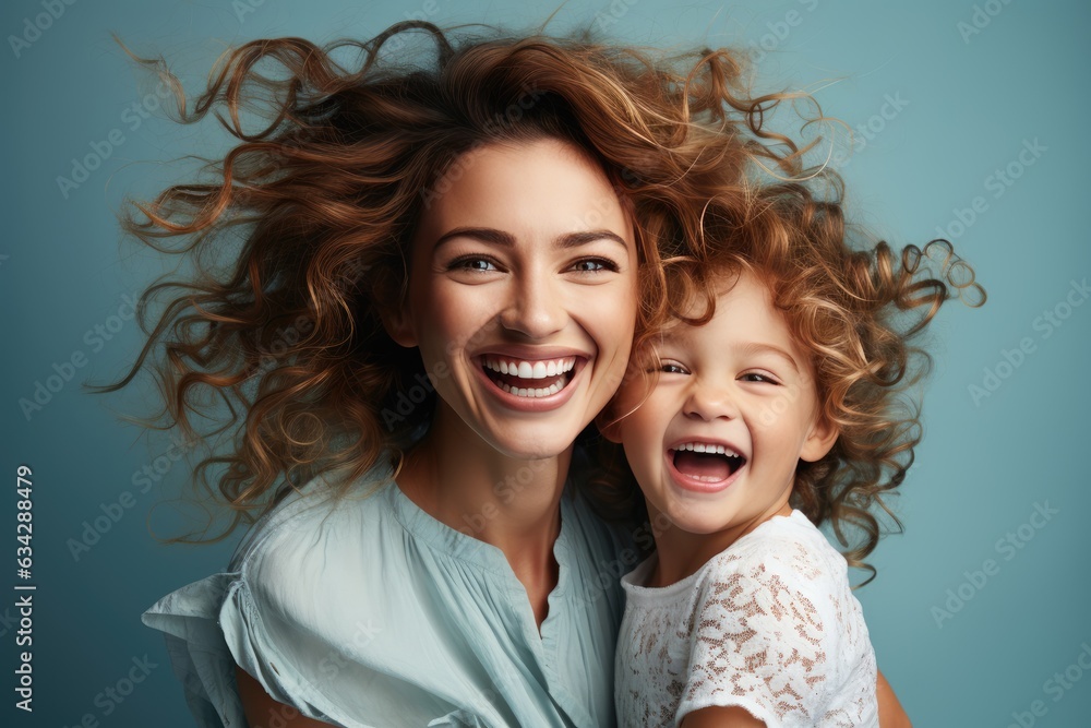 Beautiful portrait of a mother and her little child making faces, light blue background, studio photos. created by generative AI technology. Beautiful portrait of a mother and her little child making faces, light blue background, studio photos. created by generative AI technology.