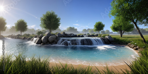 Landscape Scenery Scenic River Water Flowing Into The Pond Spring Summer Green Foliage Of Trees © Supriyanto
