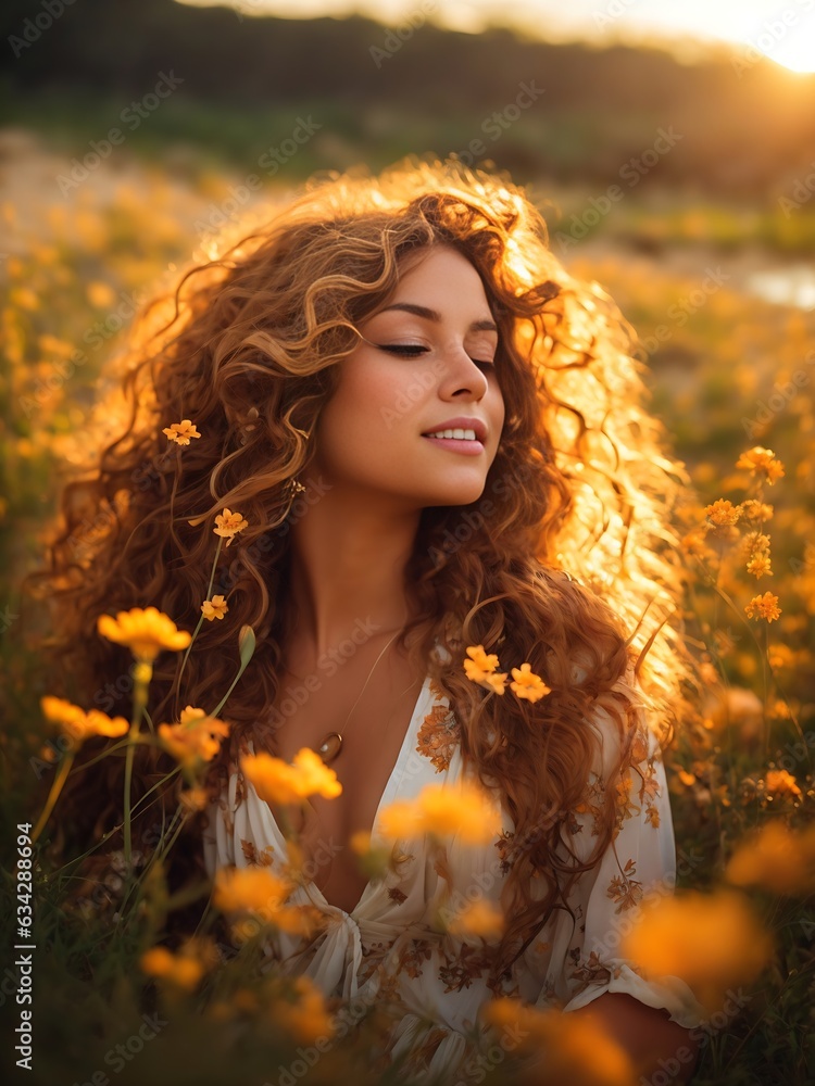 Wild flowers in a meadow at sunset. Photography of an endearing woman, bathed in the golden glow of a beach sunset. Her hair, a cascade of rich, auburn waves, adorned with delicate seashells. Wild flowers in a meadow at sunset. Photography of an endearing woman, bathed in the golden glow of a beach sunset. Her hair, a cascade of rich, auburn waves, adorned with delicate seashells.