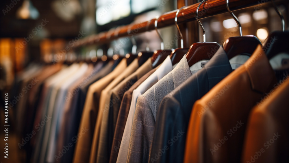 Nice suits hanging neatly on hangers in a classic tailor shop Nice suits hanging neatly on hangers in a classic tailor shop