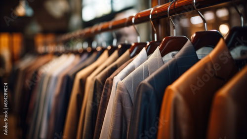Nice suits hanging neatly on hangers in a classic tailor shop