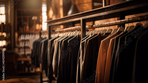 Nice suits hanging neatly on hangers in a classic tailor shop