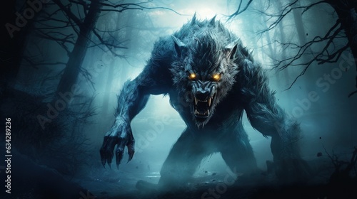  a demonic wolf with glowing eyes in a dark forest at night. generative ai