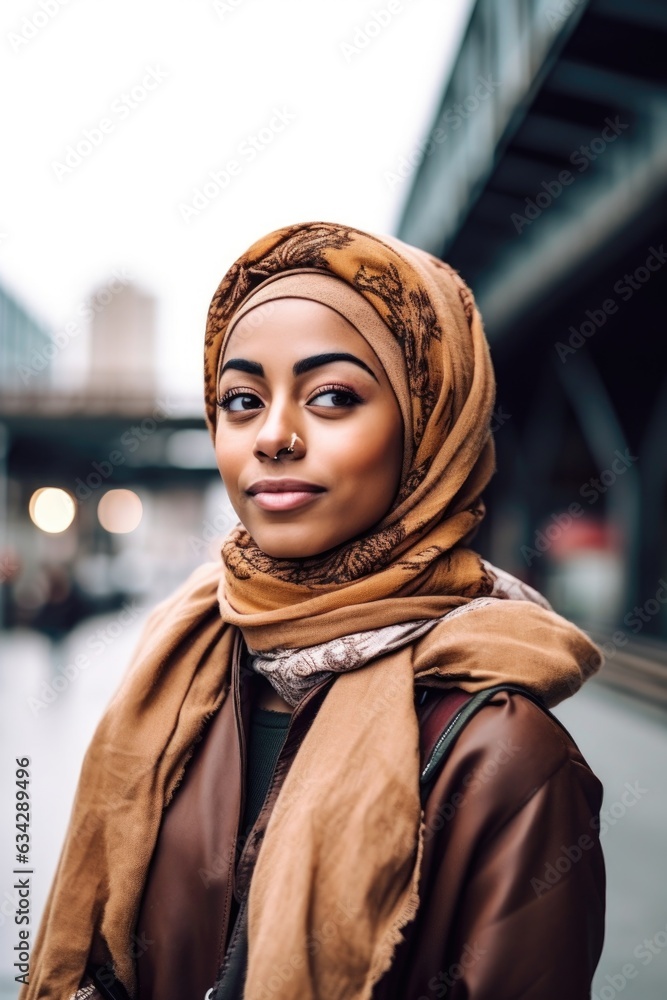 shot of a young muslim woman with her hair covered by a scarf against an urban background