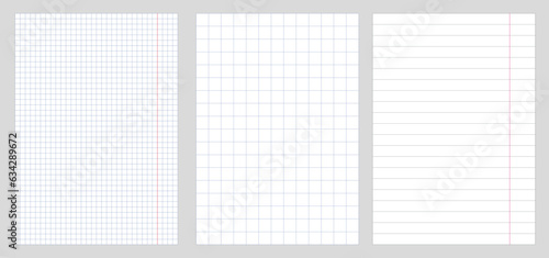 Checkered and lined notebook page. Seamless pattern of blank checkered and line pages. Square grid template. Geometric vector background.