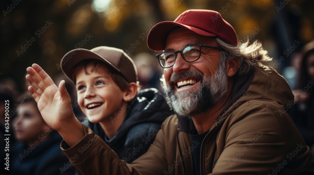 relationship concept picture of a father and his son cheer football team at grandstand. relationship concept picture of a father and his son cheer football team at grandstand.