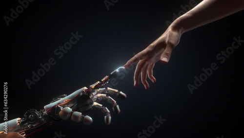 Robot hand touching a human hand photo