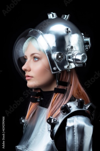 studio shot of a young woman wearing a futuristic outfit