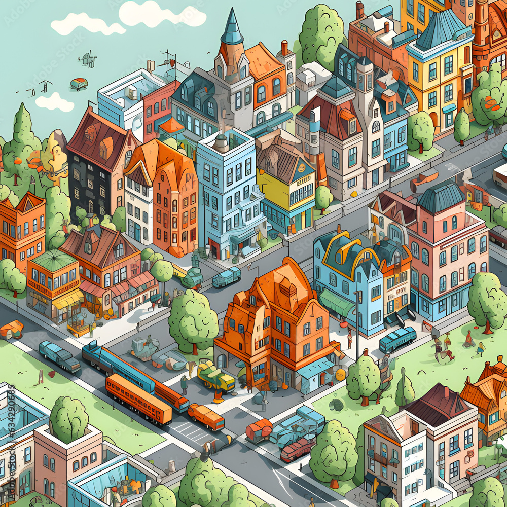 Isometric doodle city illustration.Generative AI.