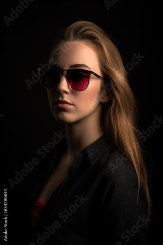 studio shot of a beautiful young woman wearing sunglasses against a dark background