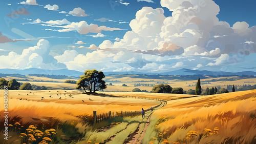 landscape of August path through the golden field blue sky cumulus clouds panorama freedom.