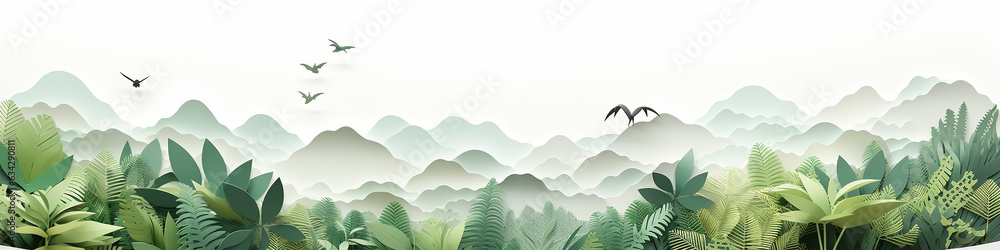 rainforest origami paper background white long narrow frame.