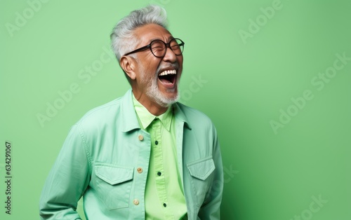 Old ultra handsome Caucasian, smiling and laughing, wearing bright clothes. Bright solid green background. created by generative AI technology.