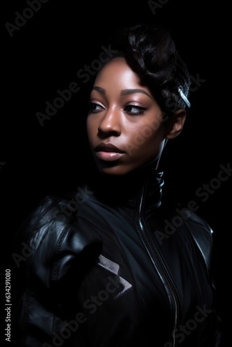 portrait of a beautiful young model wearing an all black futuristic outfit