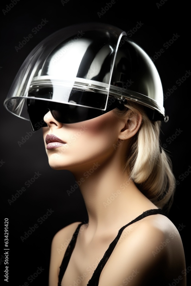 shot of a young woman in futuristic glasses and hat shot of a young woman in futuristic glasses and hat