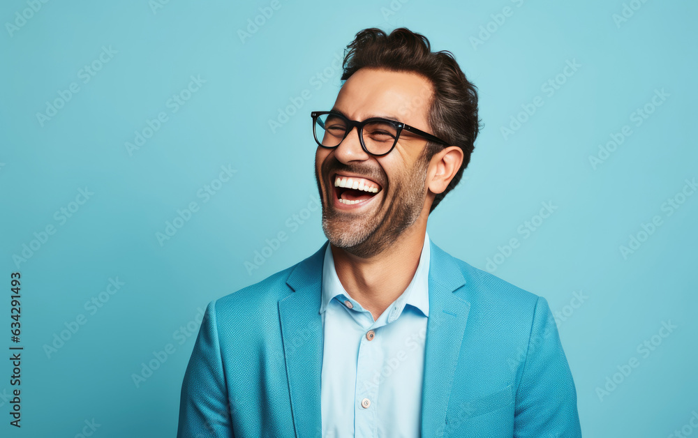 40 years old ultra handsome Caucasian, smiling and laughing, wearing bright clothes. Bright solid blue background. created by generative AI technology. 40 years old ultra handsome Caucasian, smiling and laughing, wearing bright clothes. Bright solid blue background. created by generative AI technology.