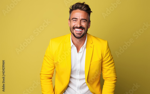 Ultra handsome Caucasian, smiling and laughing, wearing bright clothes. Bright solid yellow background. created by generative AI technology.