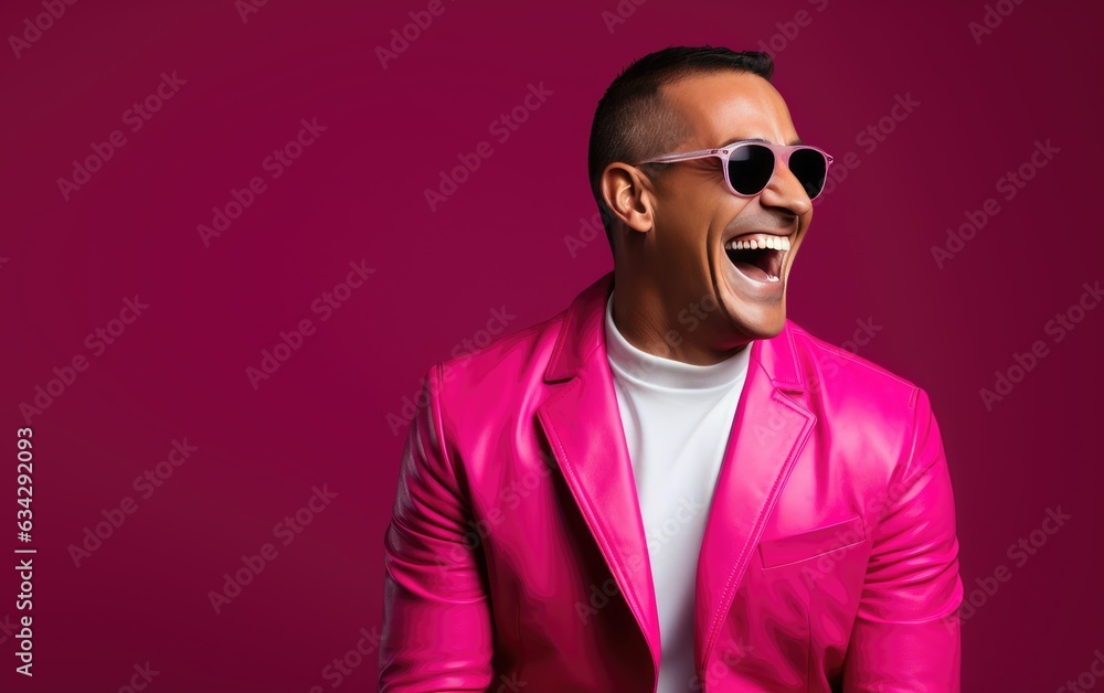 Obraz premium Ultra handsome man, smiling and laughing, wearing bright clothes. created by generative AI technology.
