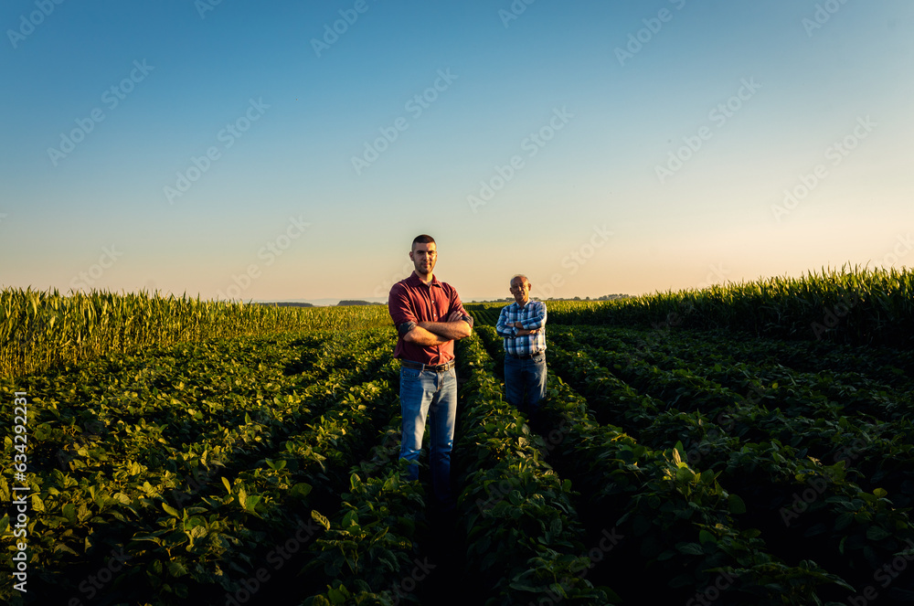 Portrait of two farmers standing in soy field looking at camera. Portrait of two farmers standing in soy field looking at camera.