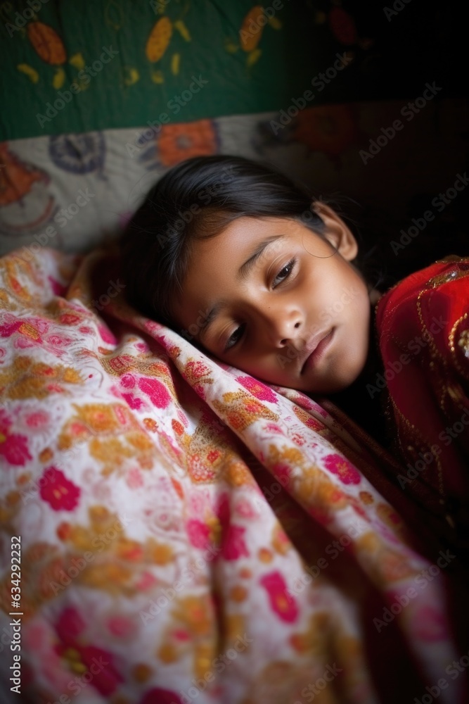 Fototapeta premium a young girl sleeping on her bed in a community