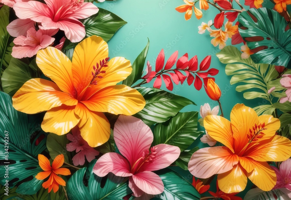 Fototapeta premium Tropical spring background, banner with floral pattern