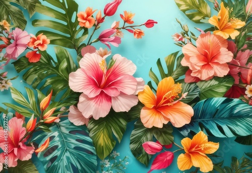 Tropical spring background, banner with floral pattern