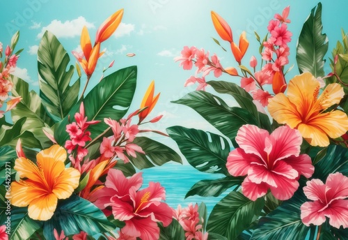 Tropical spring background  banner with floral pattern