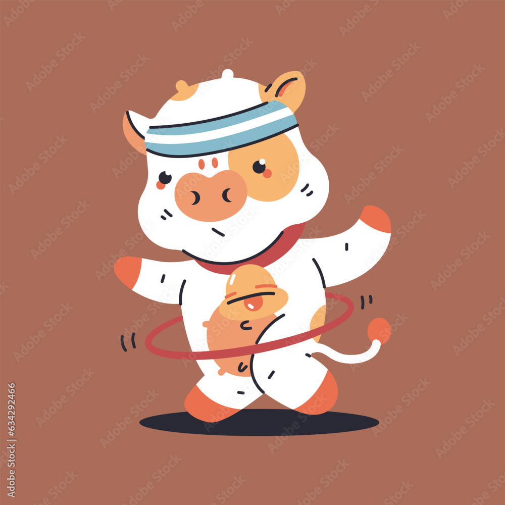 Cute baby cow with hula hoop vector cartoon character isolated on background. Cute baby cow with hula hoop vector cartoon character isolated on background.