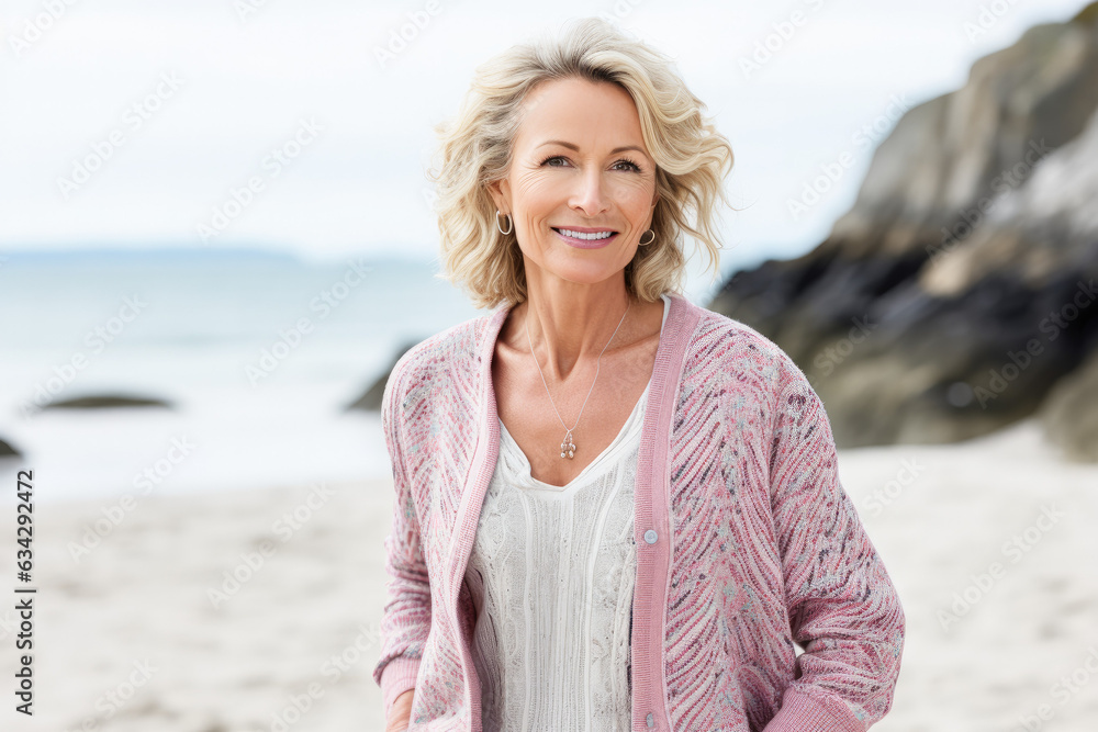 Portrait in the beach of a pleased 50 years old woman. Portrait in the beach of a pleased 50 years old woman.
