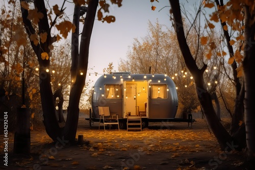 Autumn holiday with the camper. Campervan rent in autumn. Traveling in a campervan. Family vacation travel RV, caravan car vacation holiday trip in motorhome,