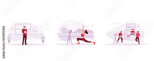 Creative ideas, brainstorming, female fitness vlogger, music blogger shooting online videos. Set Trend Modern vector flat illustration