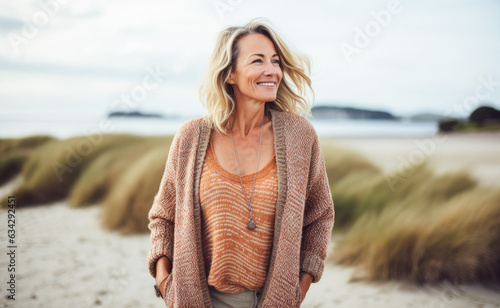 Portrait in the beach of a pleased 50 years old woman. 