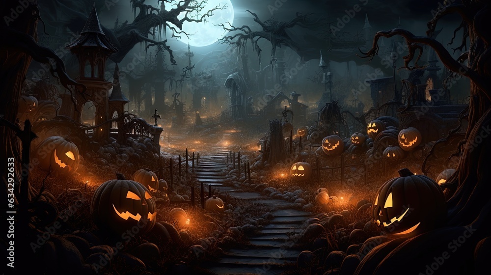 a dark halloween scene with pumpkins and a full moon.  generative ai