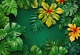 Tropical leaves and flower background, banner with green floral pattern