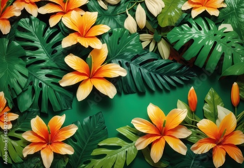 Tropical leaves and flower background  banner with green floral pattern