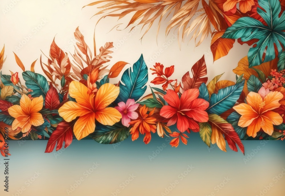 Fototapeta premium Tropical autumn background, banner with floral pattern