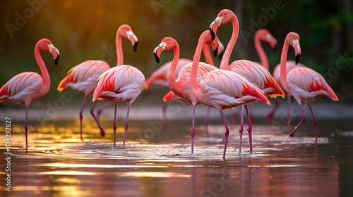  a group of pink flamingos standing in the water together.  generative ai © Anna