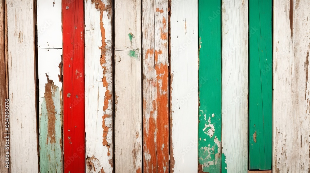 Vintage Wood Boards Texture with Cracked White, Red, Green, and Blue Paint. Generative AI.