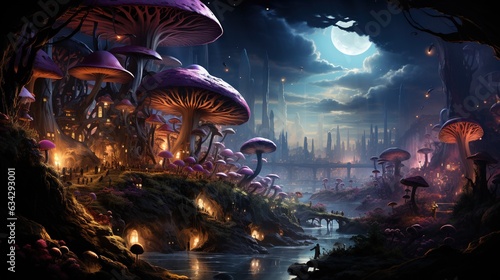  a painting of a fantasy landscape with mushrooms and a river.  generative ai © Anna
